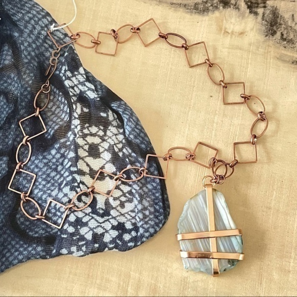 Handmade Copper Wrap Agate Pendant Chain Statement Necklace Hand Crafted
